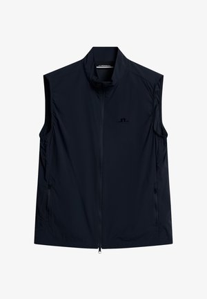 Marineblå ærmeløs vest lavet af letvægtsstof, med en frontlynlås, sidelommer og et lille logo på øverste venstre side.