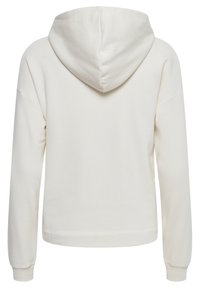 Felpa con cappuccio di colore bianco crema, realizzata in tessuto morbido. Presenta maniche lunghe, una tasca a marsupio e polsini a costine con una vestibilità rilassata.