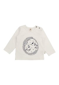 Weißes Langarmshirt mit einem navyfarbenen Igel-Design, dessen Arme ausgestreckt sind, umgeben von strahlenden Sonnenlinien. Zwei Druckknöpfe an der Schulter.
