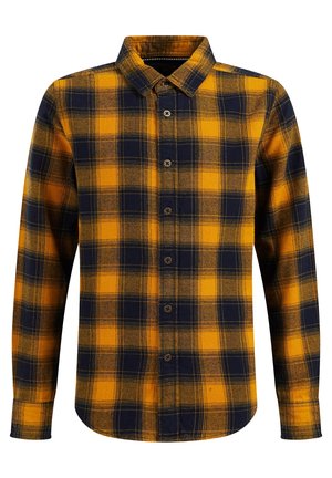 Koszula flanelowa z długim rękawem na guziki, w żółto-granatową kratę z klasycznym kołnierzem.
