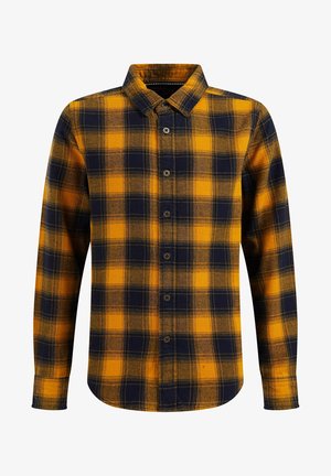Koszula flanelowa z długim rękawem na guziki, w żółto-granatową kratę z klasycznym kołnierzem.