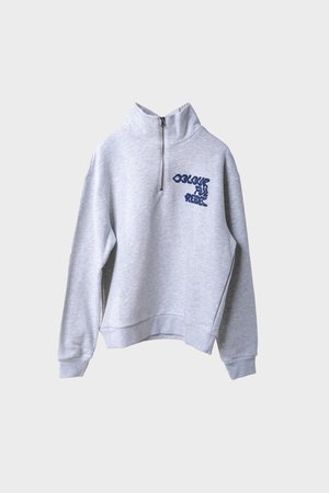 Gaiši pelēks puloveris ar pus-izsistā apkakli un tumši zilām burtiem "COLOURFUL REBEL" uz kreisās krūtis, garām piedurknēm un ribinātām piedurknēm un apakšmalu.