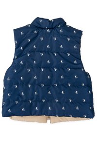 Chaleco acolchado azul marino con un patrón de barcos, que presenta un cuello alto y una textura acolchada. El interior es de un material claro en contraste.