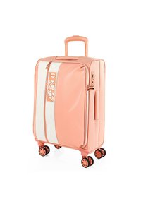 Maleta rígida rosa de DKNY con acentos de rayas blancas, cierre con cremallera, asa retráctil y cuatro ruedas giratorias para una movilidad fácil.