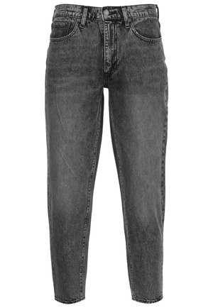 Jean en denim noir taille haute avec fermeture par bouton et zip, cinq poches et coupe fuselée aux jambes.