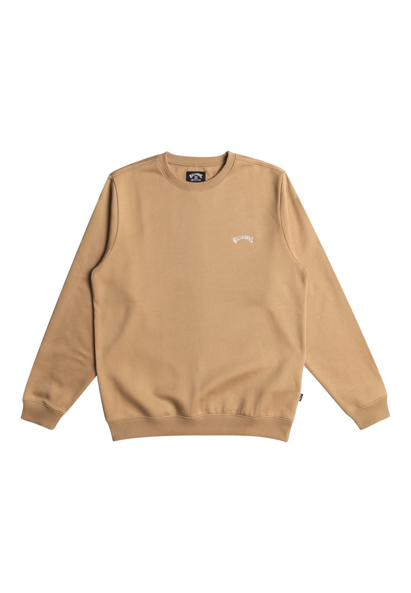 Tan sweatshirt made from soft fabric, featuring a round neck, long sleeves, and white logo embroidery on the chest. Ribbed cuffs and hem.
