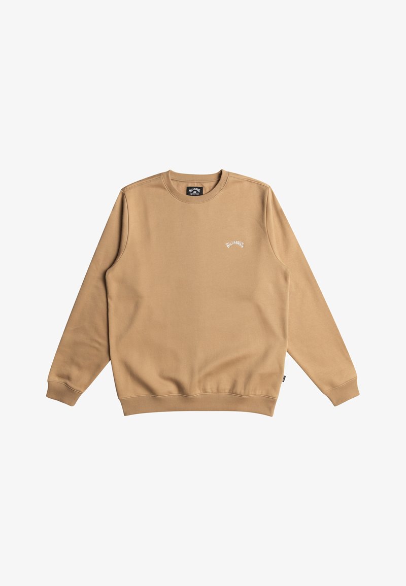 Tan sweatshirt made from soft fabric, featuring a round neck, long sleeves, and white logo embroidery on the chest. Ribbed cuffs and hem.