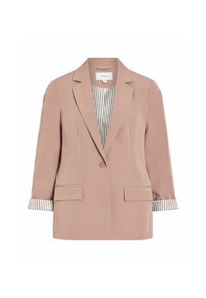 Beige damesblazer med enkelt knap, hakkede revers, to forlommer med klap og stribet foring synlig ved opsmøgede ærmer.