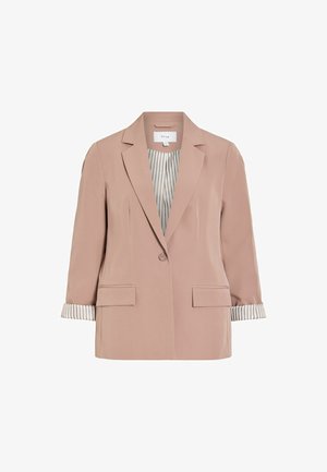 Blazer beige pour femmes avec un seul bouton, revers crantés, deux poches avant à rabat, et une doublure rayée visible aux manches retroussées.