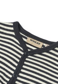 Randig långärmad topp med mörk marinblå och krämfärgade nyanser, ribbad textur, knappstängning och en vävd "WHEAT"-etikett vid halsringningen.