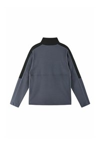 Polarowa kurtka w ciemnoszarym kolorze z wysokim kołnierzem, czarnymi akcentami na ramionach i rękawach oraz strukturalnym designem zapewniającym wygodne dopasowanie.