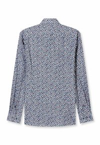 Langarmhemd mit blauem Hintergrund und einem Blumenmuster in Pink, Weiß und Grün. Aus Baumwollmaterial mit Standardkragen und tailliertem Schnitt.