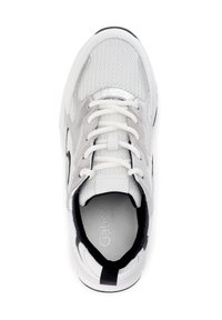 White athletic shoe with mesh and silver accents. Features black detailing, round laces, and textured sole. Prominent logo inside.