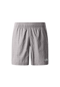 Hellgraue sportliche Shorts mit elastischem Bund, dezentem geometrischem Muster und kleinem Logo auf der unteren rechten Seite.