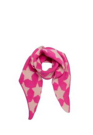 Pink and beige scarf with a bold star pattern, soft texture, and pointed ends, folded in a loose knot.