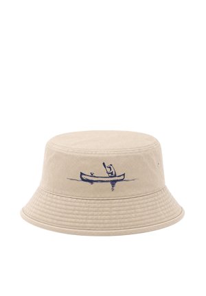 Beige bucket hat with a simple navy blue line drawing of a person paddling a canoe with a small animal inside.