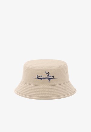 Beige bucket hat with a simple navy blue line drawing of a person paddling a canoe with a small animal inside.
