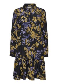 Langärmeliges Kleid mit Kragen, schwarzer Grundfarbe mit gelben und lilafarbenen Blumenmustern, gestuftem Rüschensaum und weicher Stoffstruktur.