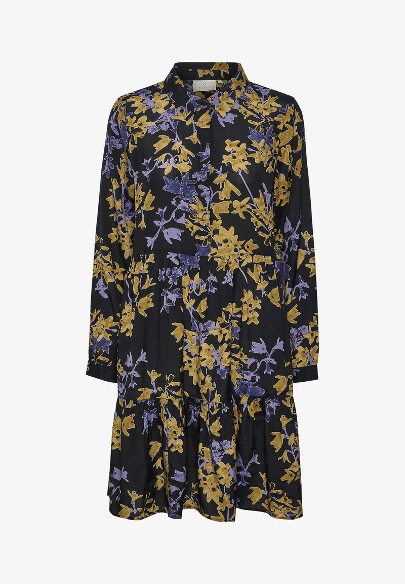 Langärmeliges Kleid mit Kragen, schwarzer Grundfarbe mit gelben und lilafarbenen Blumenmustern, gestuftem Rüschensaum und weicher Stoffstruktur.