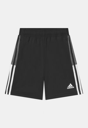 Shorts de sport noirs avec une ceinture élastique, comportant des bandes blanches sur les côtés et des accents en mesh de chaque côté. Conçus en tissu léger.