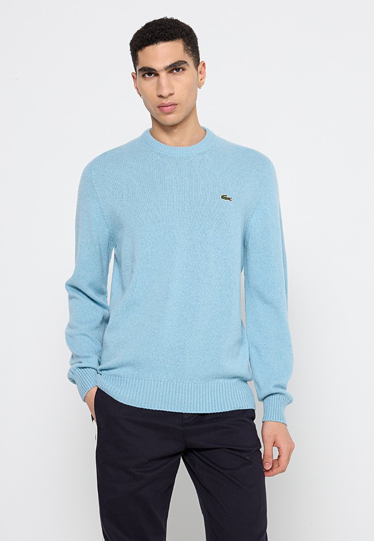 Jeune homme aux cheveux courts et bouclés portant un pull bleu clair avec un petit logo de crocodile vert et un pantalon sombre, se tenant avec une main dans la poche.