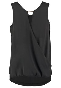 Haut noir sans manches avec un devant drapé, un décolleté en V et un ourlet arrondi. Le dos présente une petite ouverture en forme de goutte avec un accent doré. Texture de tissu lisse.