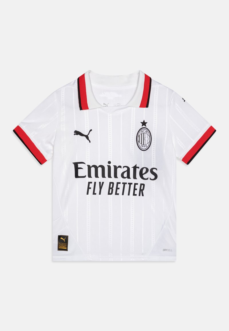 Maillot de football blanc avec des accents rouges, motif rayé et logo noir. Il présente un col côtelé et un logo rond sur la poitrine.