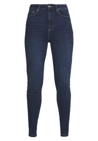 Jeans de mezclilla de tiro alto en color azul oscuro con una silueta ajustada, costuras en contraste y cierre frontal de botón. Textura suave y lisa.