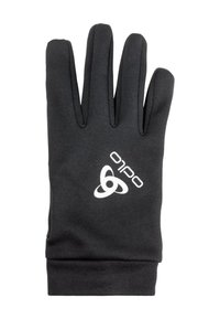 Zwarte stoffen handschoen met vijf vingers, voorzien van een wit logo op het polsgebied. Glad textuur en gestroomlijnd ontwerp voor comfort.