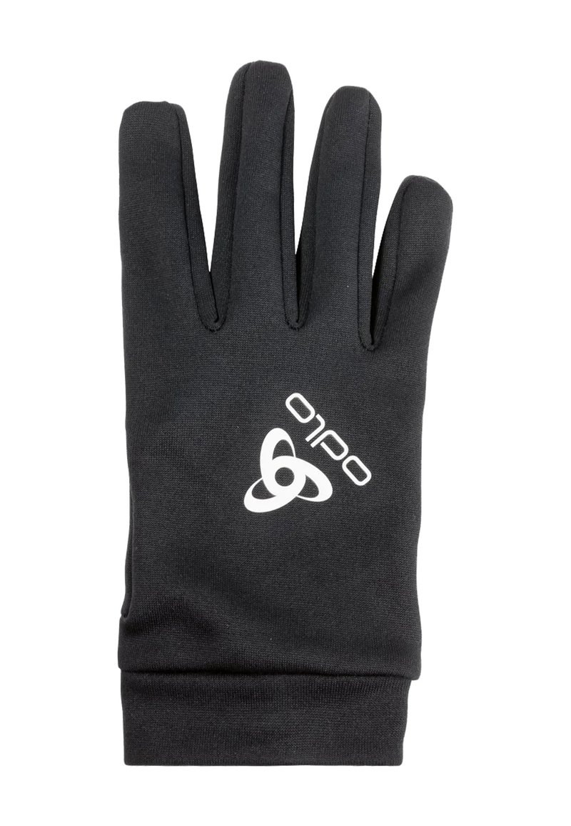 Zwarte stoffen handschoen met vijf vingers, voorzien van een wit logo op het polsgebied. Glad textuur en gestroomlijnd ontwerp voor comfort.