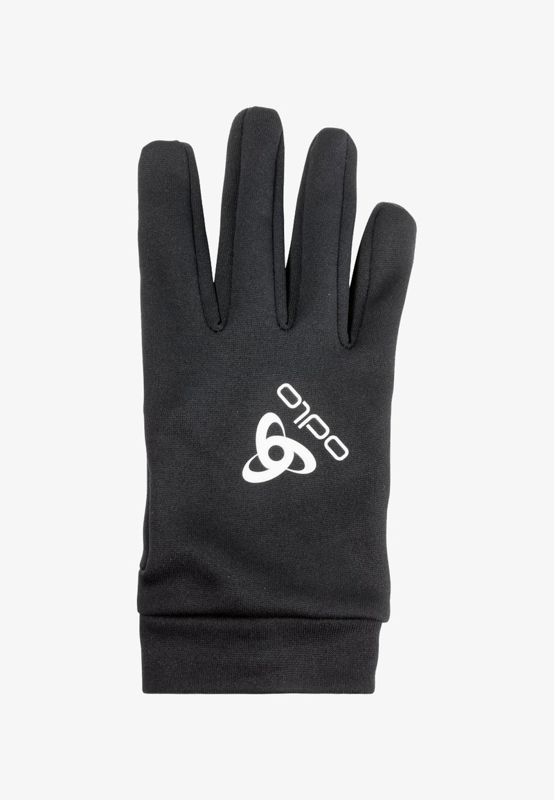 Zwarte stoffen handschoen met vijf vingers, voorzien van een wit logo op het polsgebied. Glad textuur en gestroomlijnd ontwerp voor comfort.