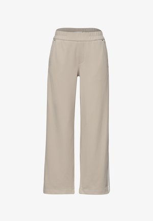 Pantalones beige de pierna ancha con cintura elástica y bolsillos laterales, diseñados para un uso casual o cómodo.