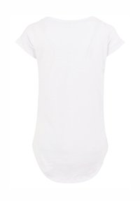 White cotton t-shirt with short rolled sleeves, rounded neckline, and a curved hemline at the back. Smooth texture, simple design.
