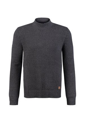 Ciemnoszary sweter z długimi rękawami, ściągaczem na kołnierzu, mankietach i dole, pokazany na białym tle.