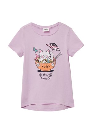 T-shirt à manches courtes violet clair avec un graphique d'un chat dans un bol de nouilles, accompagné d'un papillon et d'un design de parapluie.
