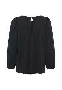Črna dolgosleeve bluzica z nabranim vrhnjim delom, rahlo napihnjenimi rokavi, elastičnimi manšetami in ključavnico z gumbom na zadnjem izrezu vratu.