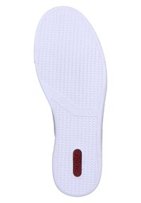 Semelle de chaussure en caoutchouc blanc avec un motif de grip texturé, détails de logo rouge circulaire et une forme lisse et arrondie, conçue pour le confort et la stabilité.