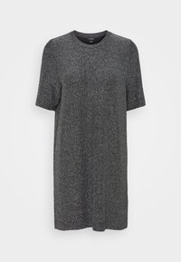 Vestido de manga corta y corte relajado en negro con un suave brillo. Hecho de una tela suave y texturizada, con escote redondo y largo a la rodilla.