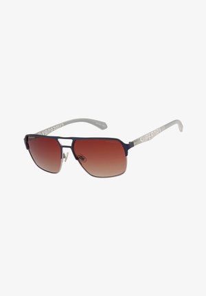 Schlichte rechteckige Sonnenbrille mit dunkelblauem Metallrahmen, braunen verlaufenden polarisierten Gläsern und weißen Bügeln mit Superdry-Logo.