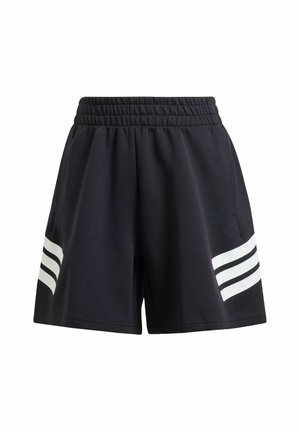 Czarne sportowe spodenki z elastycznym pasem i trzema białymi paskami po bokach, z kieszeniami bocznymi.