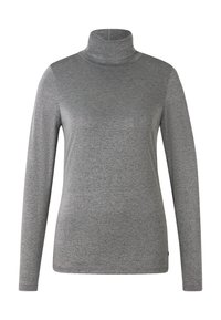 Szary sweter z długim rękawem i golfem o dopasowanym kroju, wykonany z miękkiej dzianiny, przedstawiony na białym tle.