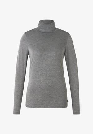 Grauer Langarm-Rolli-Pullover mit figurbetonter Silhouette und weichem Strickstoff, dargestellt auf weißem Hintergrund.