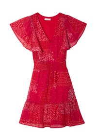 Vestido rojo con escote en V, mangas de gasa con volantes, cintura fruncida y falda en capas. Presenta patrones florales en diferentes tonos de rojo.