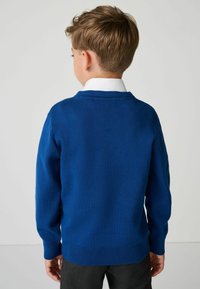 Blauwe gebreide trui met lange mouwen en een ribbelzoom, voorzien van een klassieke kraag en een gladde textuur. Minimalistisch ontwerp, zonder patronen.