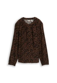 Blouse marron à manches longues présentant un motif léopard, un devant à boutons, un col froncé et des poignets légèrement élastiqués.