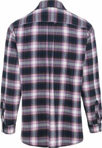 Chemise en flanelle à manches longues avec un motif à carreaux rose, noir et gris, montrant le dos avec des poignets boutonnés et un col.