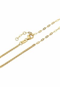 Goldene Kettenhalskette mit gemischten Gliederstilen und einem Karabinerverschluss auf einem weißen Hintergrund.
