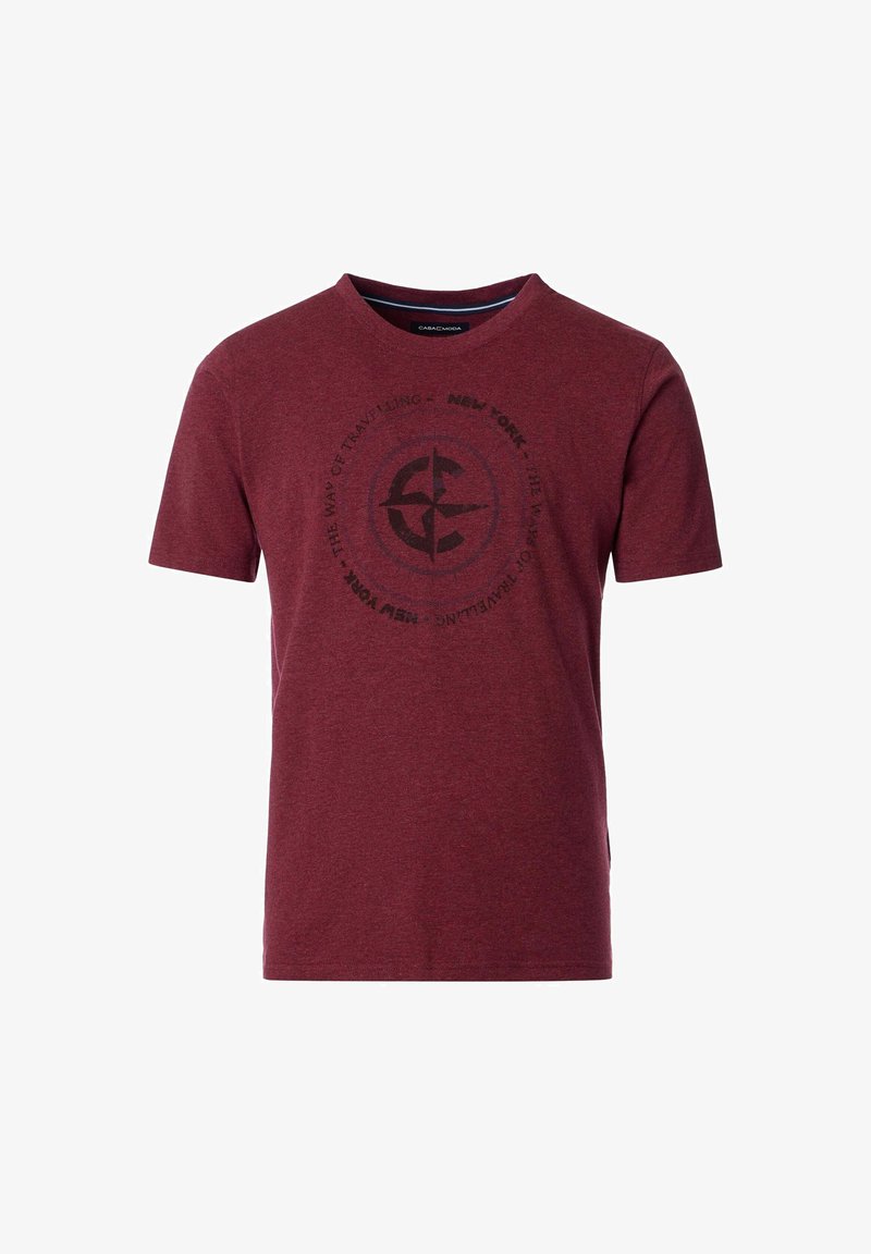 Bordowa bawełniana koszulka z okrągłym dekoltem, z nadrukiem czarnego logo kompasu z przodu oraz tekstem otaczającym wzór.