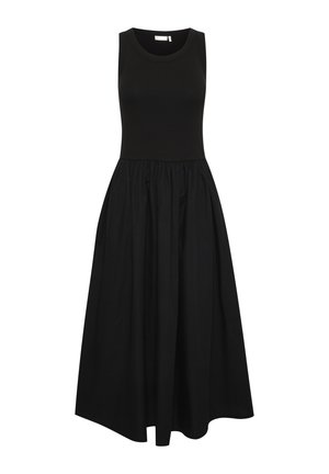 Schwarzes ärmelloses Kleid mit einem taillierten, gerippten Oberteil und einem fließenden, gerafften Rock. Hergestellt aus leichtem Stoff mit einer glatten Textur.