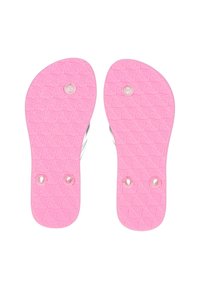 Rosa flip-flop sulor med ett texturerat mönster, med två klara cirkulära detaljer på varje sula, utformade för komfort och grepp.